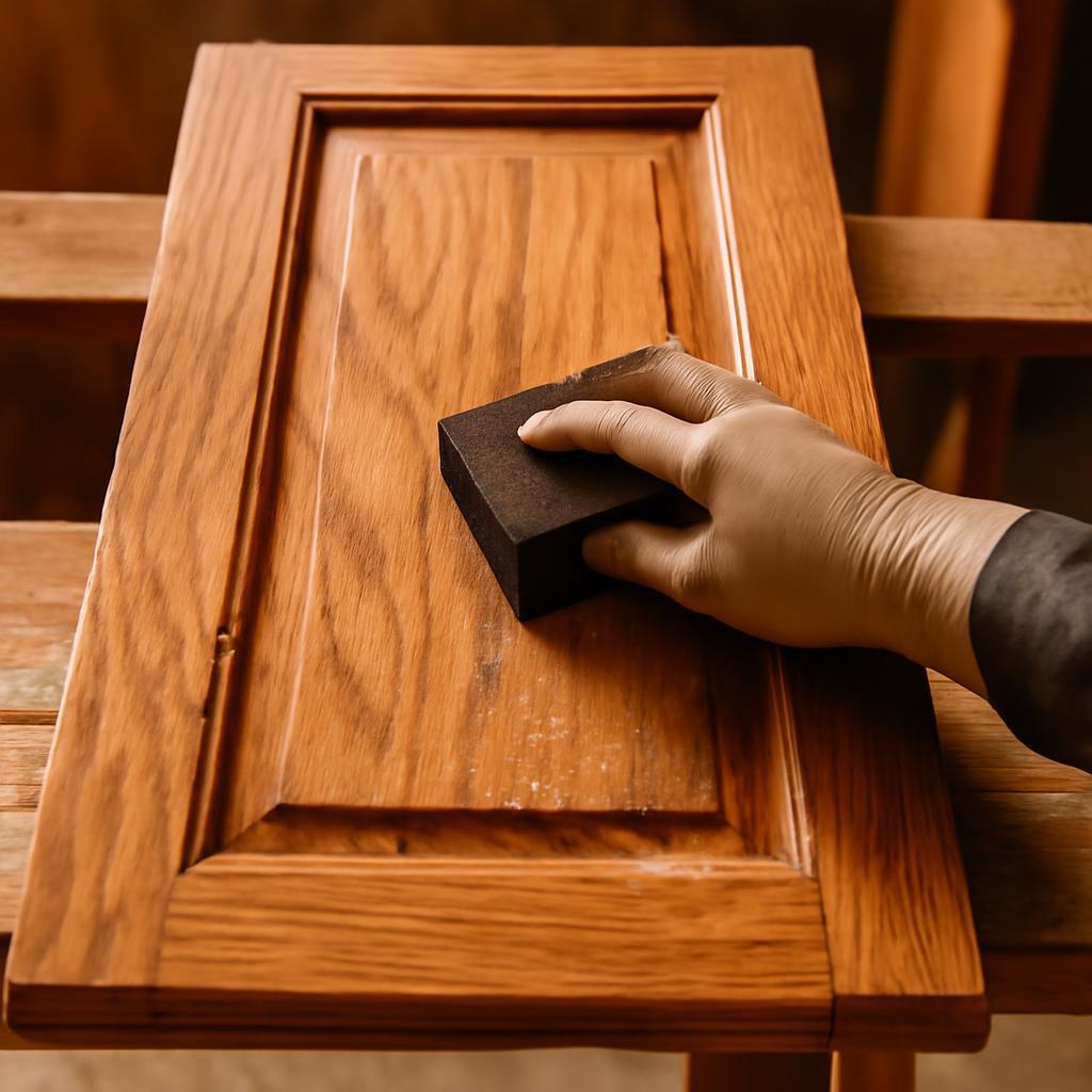 A cabinet door being sanded down before refinishing